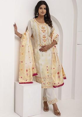 White Embroidered Silk Kurta Set