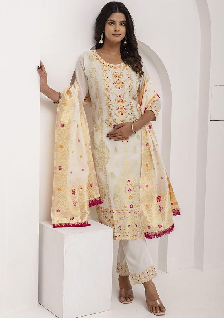 White Embroidered Silk Kurta Set