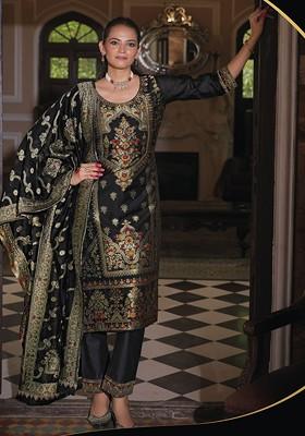 Black Printed Poly Blend Kurta Set