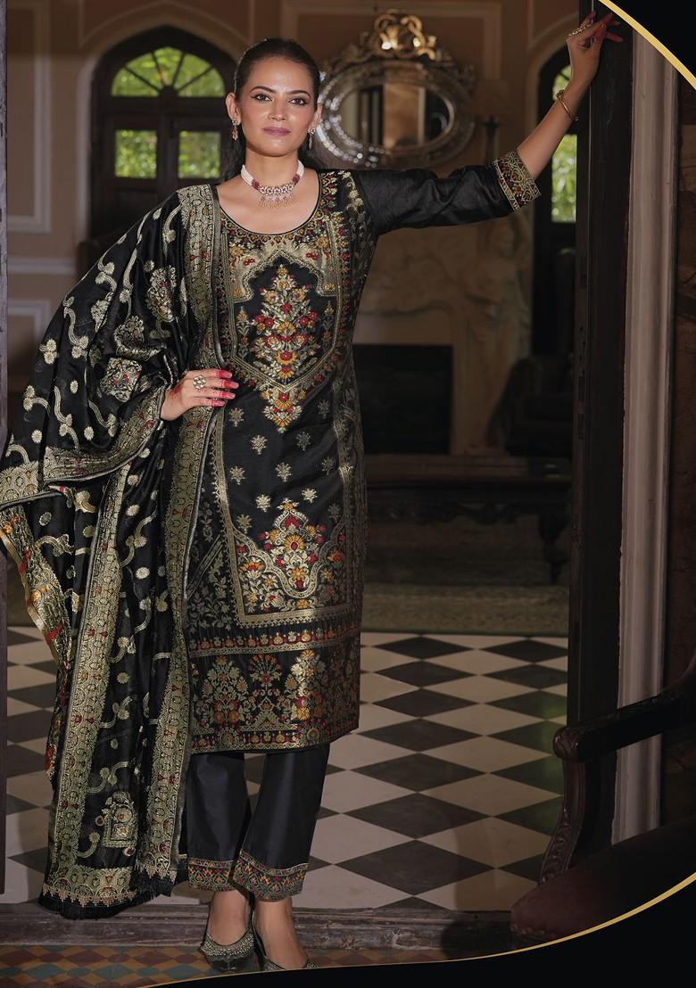 Black Printed Poly Blend Kurta Set