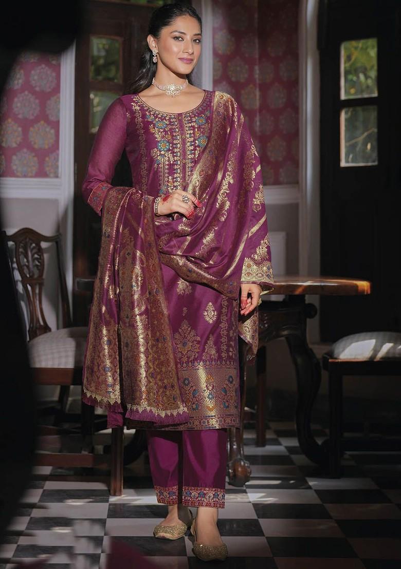 Purple Woven Poly Blend Kurta Set