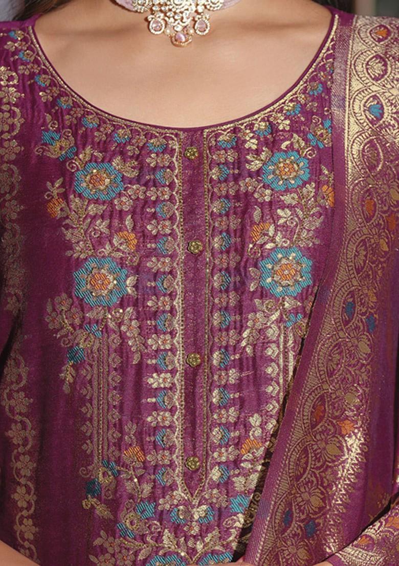 Purple Woven Poly Blend Kurta Set