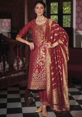 Red Woven Poly Blend Kurta Set
