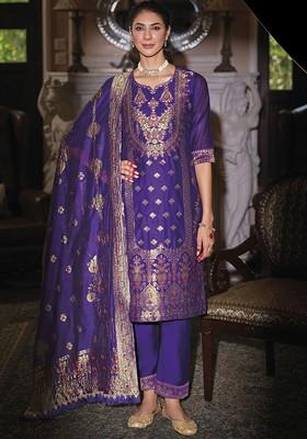 Purple Printed Poly Blend Kurta Set