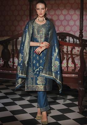 Blue Ethnic Motifs Embroidery Silk Kurta Set