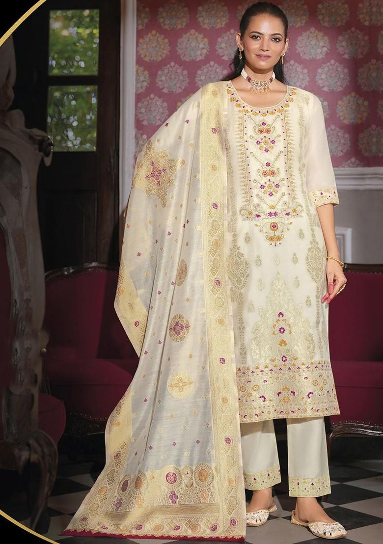 Cream Ethnic Motifs Embroidery Silk Kurta Set
