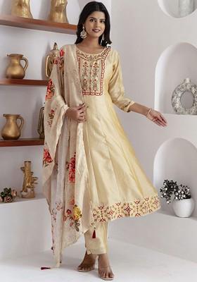 Cream Ethnic Motifs Embroidery Poly Blend Kurta Set
