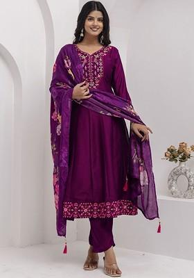 Purple Embroidered Silk Kurta Set