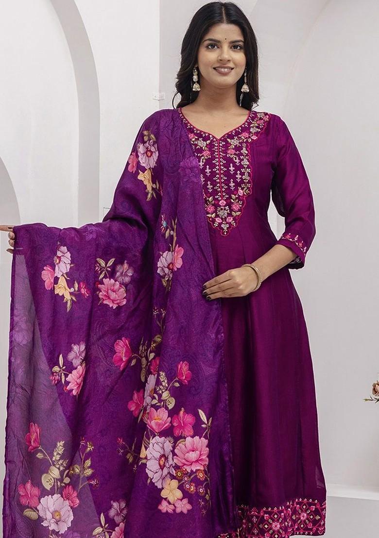 Purple Embroidered Silk Kurta Set