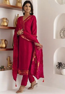 Red Embroidered Silk Kurta Set