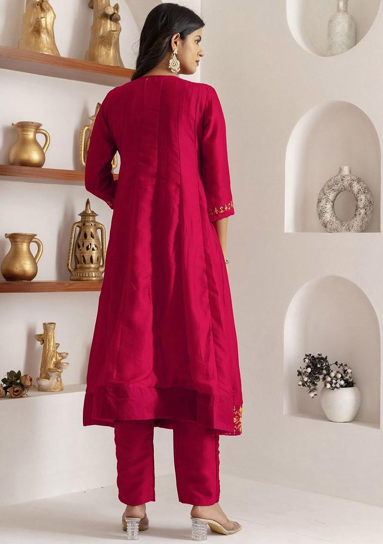 Red Embroidered Silk Kurta Set