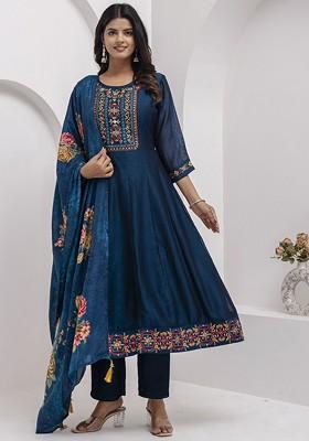 Blue Floral Embroidered Poly Blend Kurta Set