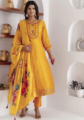 Yellow Floral Embroidered Poly Blend Kurta Set