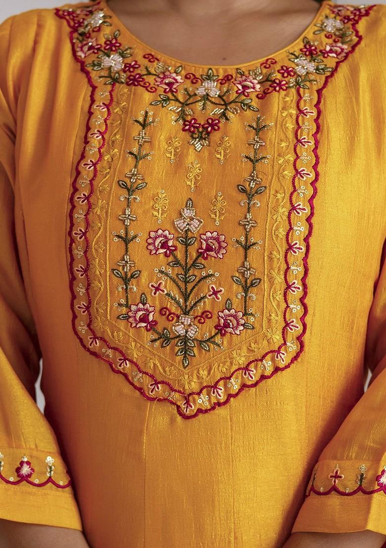 Yellow Floral Embroidered Poly Blend Kurta Set