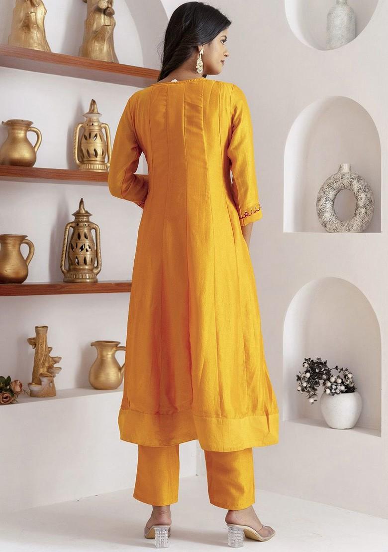 Yellow Floral Embroidered Poly Blend Kurta Set