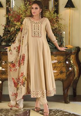 Cream Floral Embroidered Silk Kurta Set