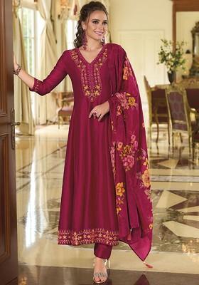 Pink Floral Embroidered Poly Blend Kurta Set