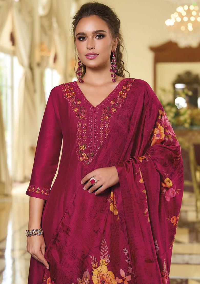 Pink Floral Embroidered Poly Blend Kurta Set