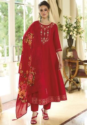 Red Floral Embroidered Poly Blend Kurta Set