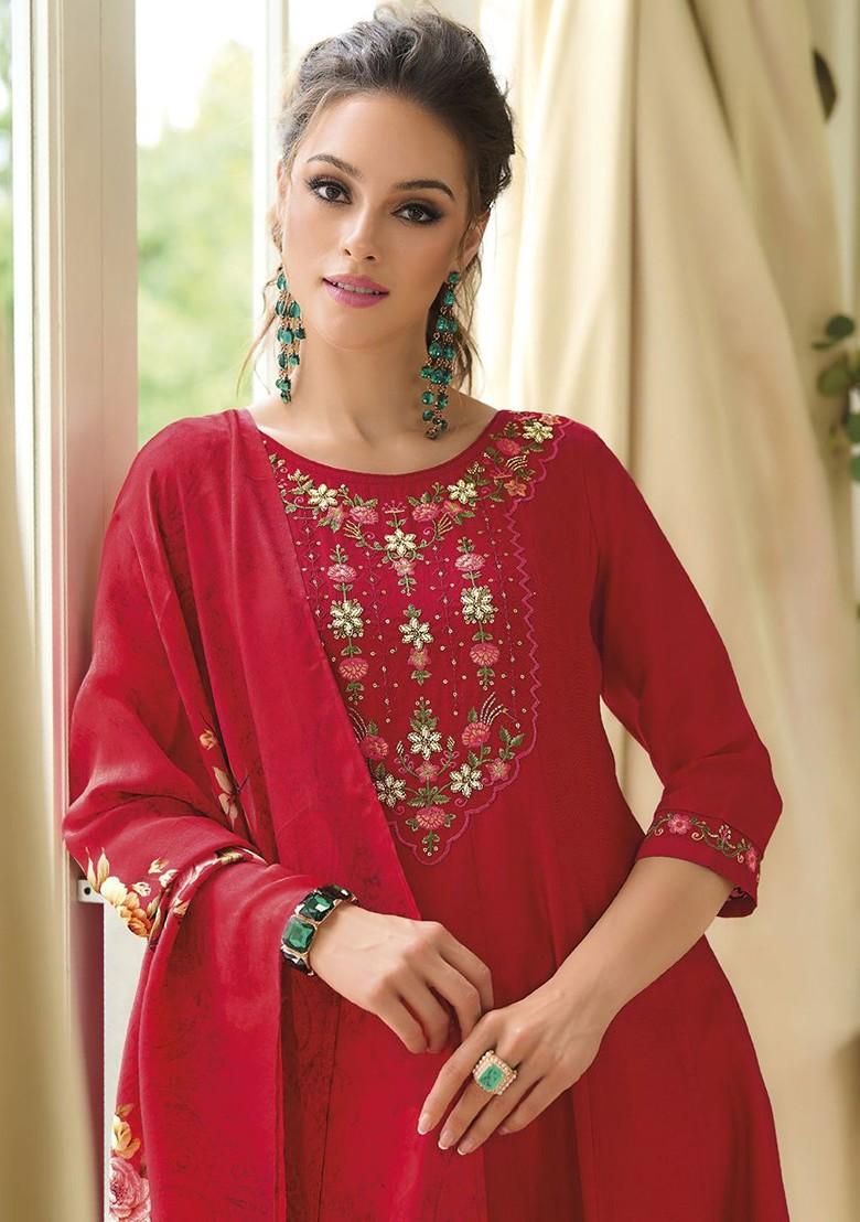Red Floral Embroidered Poly Blend Kurta Set