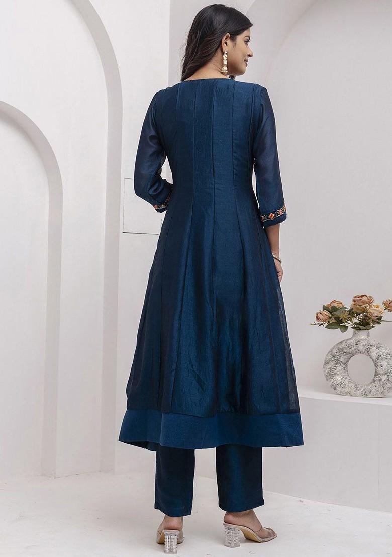 Teal Ethnic Motifs Embroidery Poly Blend Kurta Set