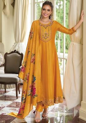 Yellow Ethnic Motifs Embroidery Poly Blend Kurta Set
