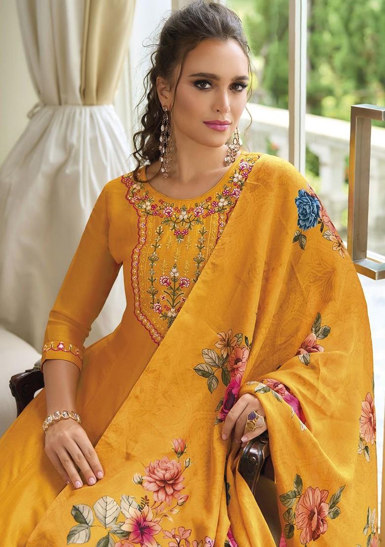 Yellow Ethnic Motifs Embroidery Poly Blend Kurta Set