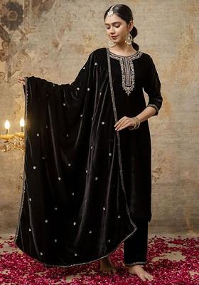 Black Floral Embroidered Poly Blend Kurta Set