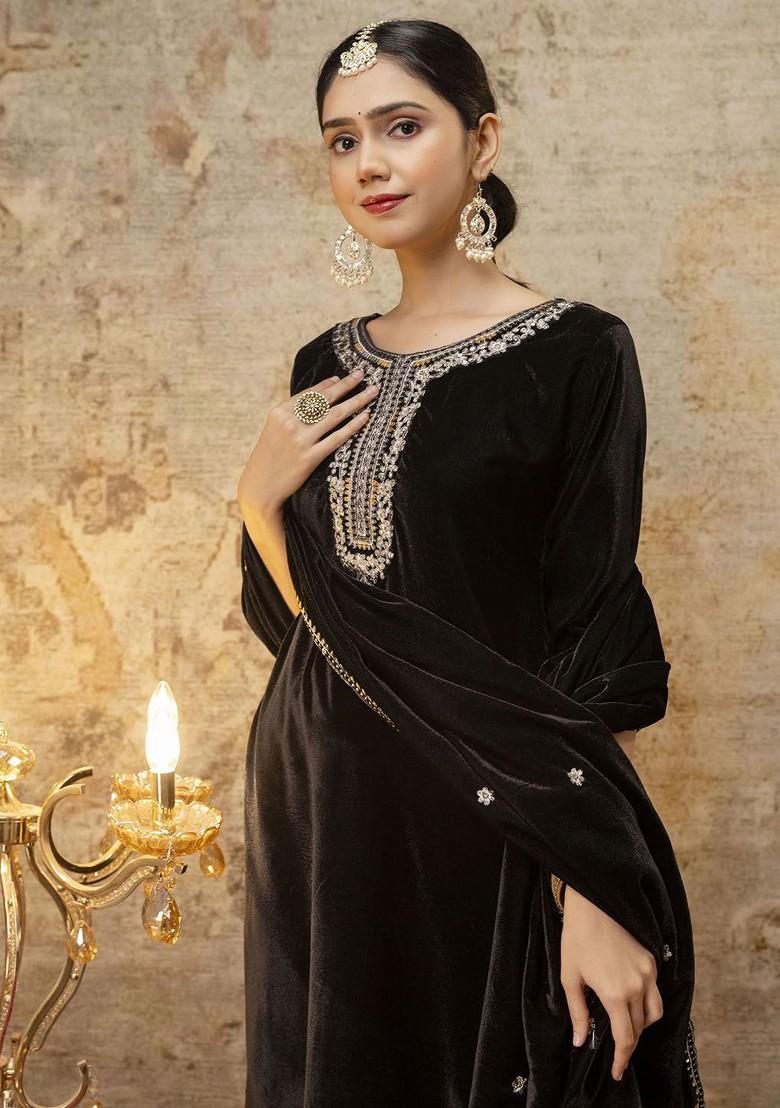 Black Floral Embroidered Poly Blend Kurta Set