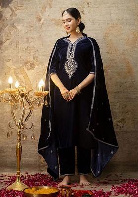 Navy Blue Floral Embroidered Poly Blend Kurta Set