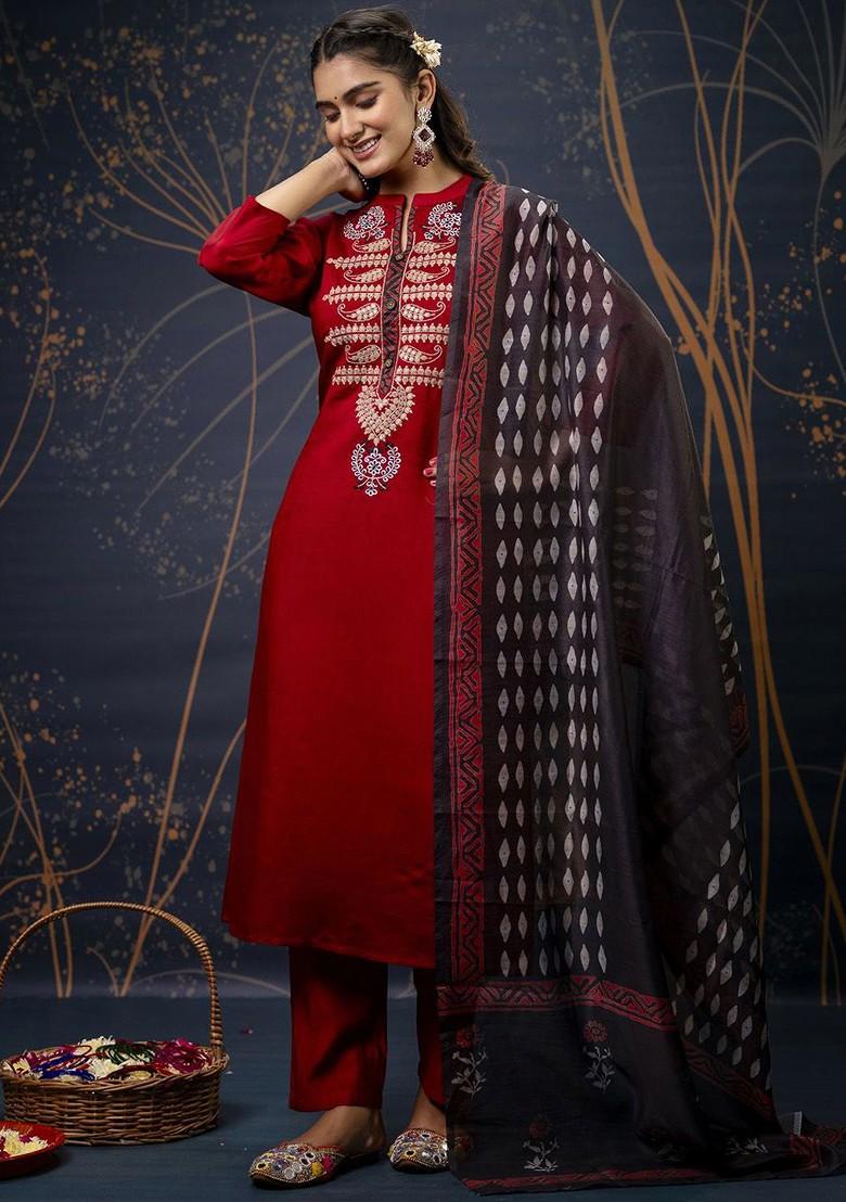Red Zari Embroidered Poly Blend Kurta Set