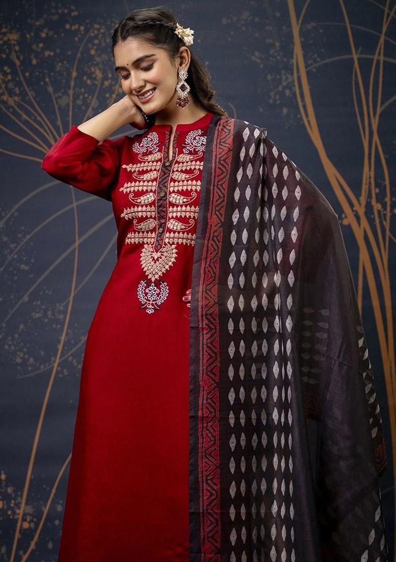 Red Zari Embroidered Poly Blend Kurta Set