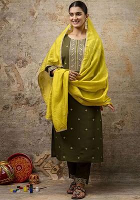 Green Printed Poly Blend Kurta Set
