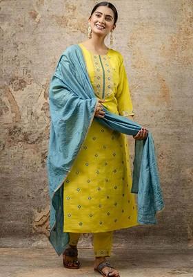 Yellow Floral Embroidered Poly Blend Kurta Set