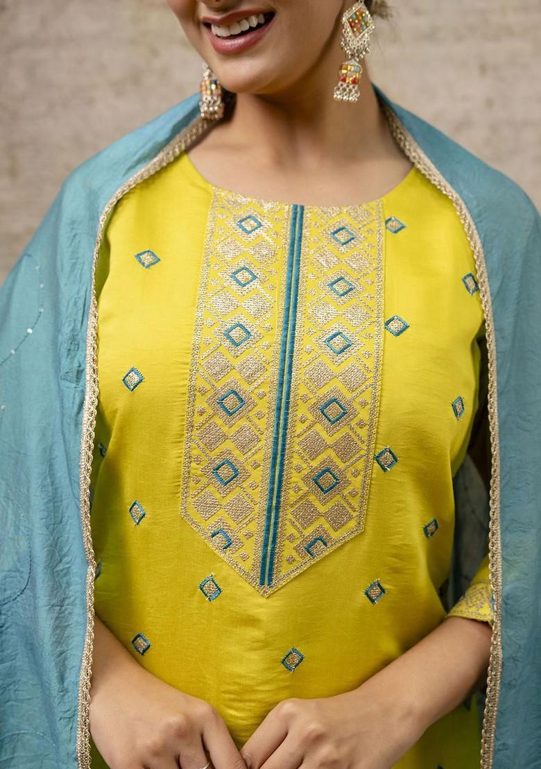 Yellow Floral Embroidered Poly Blend Kurta Set