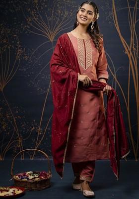 Peach Ethnic Motifs Embroidery Poly Blend Kurta Set
