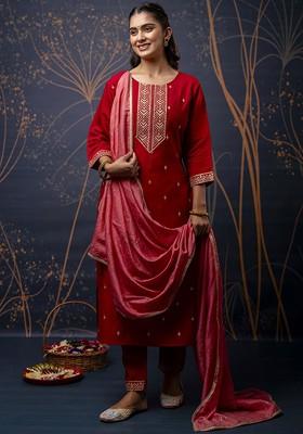 Red Printed Poly Blend Kurta Set