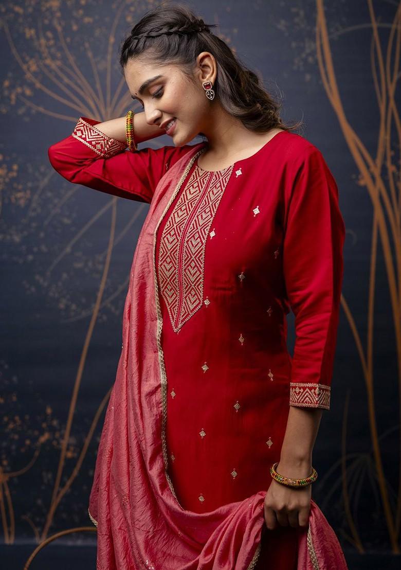 Red Printed Poly Blend Kurta Set