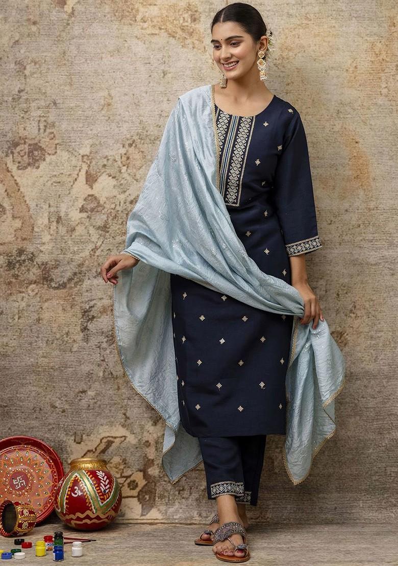Navy Blue Printed Poly Blend Kurta Set