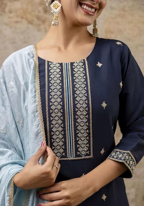 Women Navy Blue Printed Panelled Kurta Set