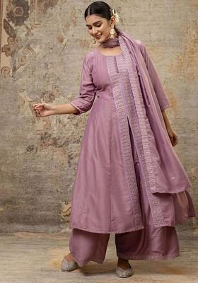 Lavender Printed Poly Blend Kurta Set
