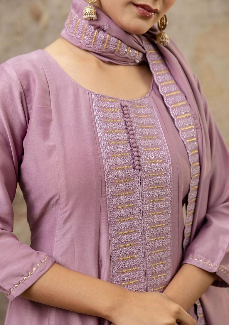 Lavender Printed Poly Blend Kurta Set