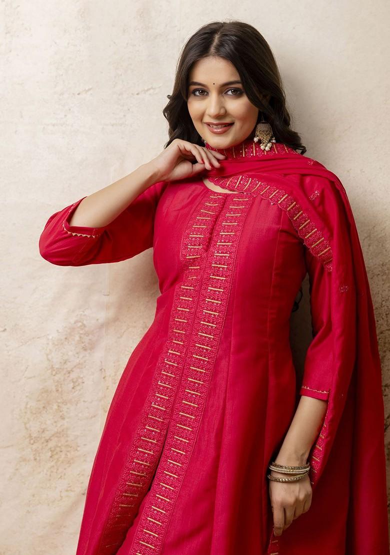 Pink Printed Poly Blend Kurta Set