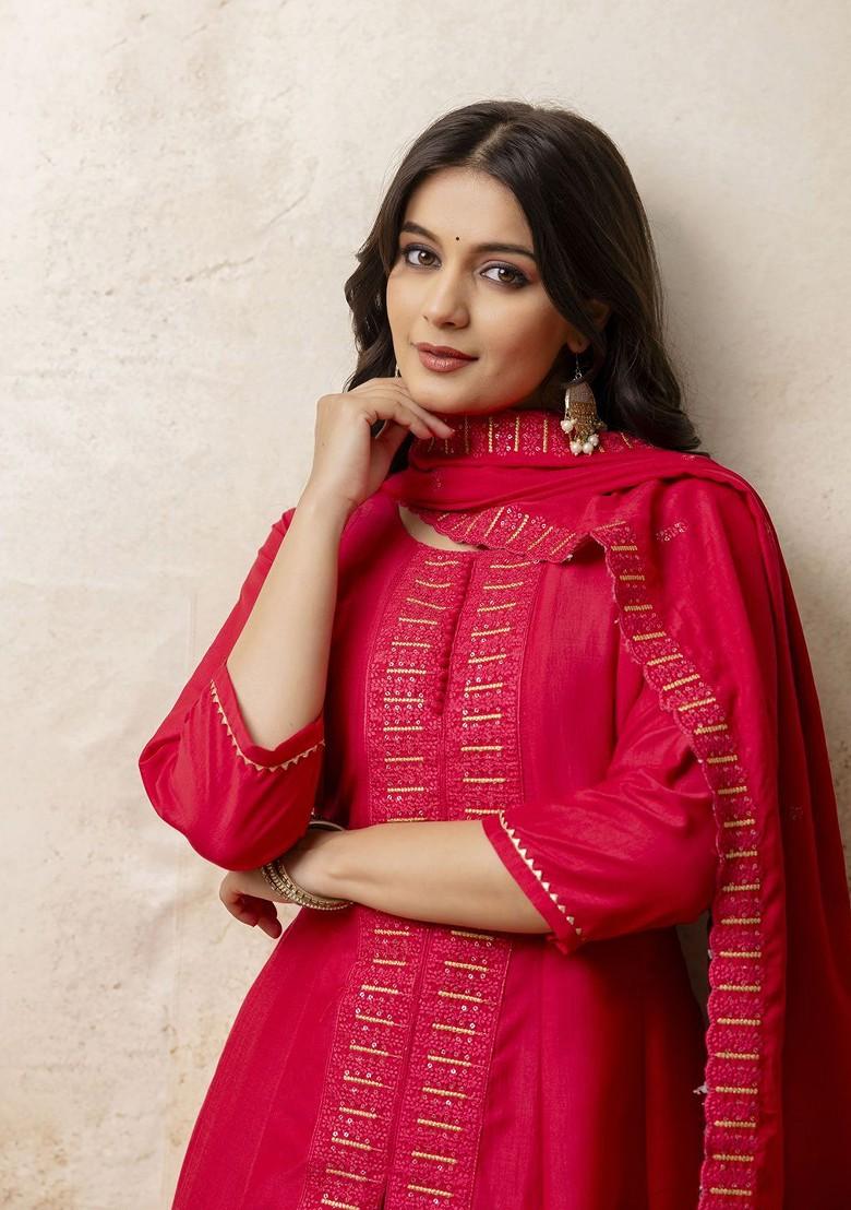 Pink Printed Poly Blend Kurta Set