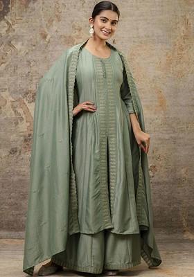 Green Printed Poly Blend Kurta Set