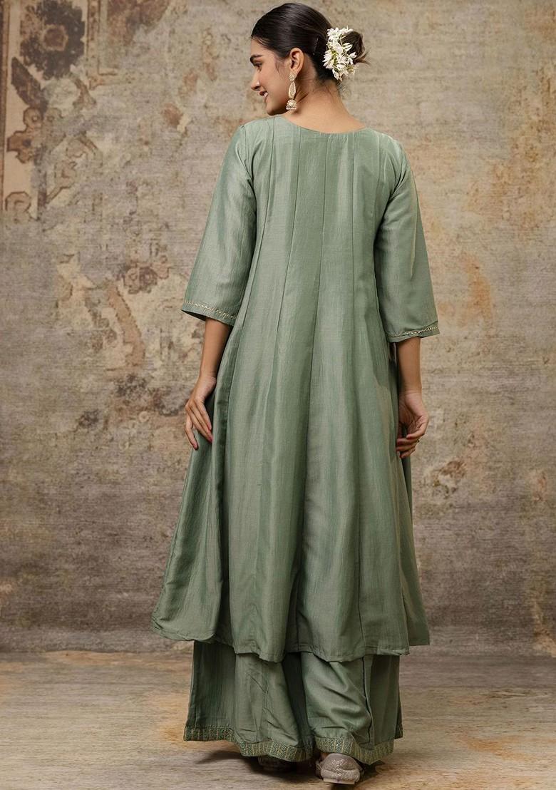 Green Printed Poly Blend Kurta Set