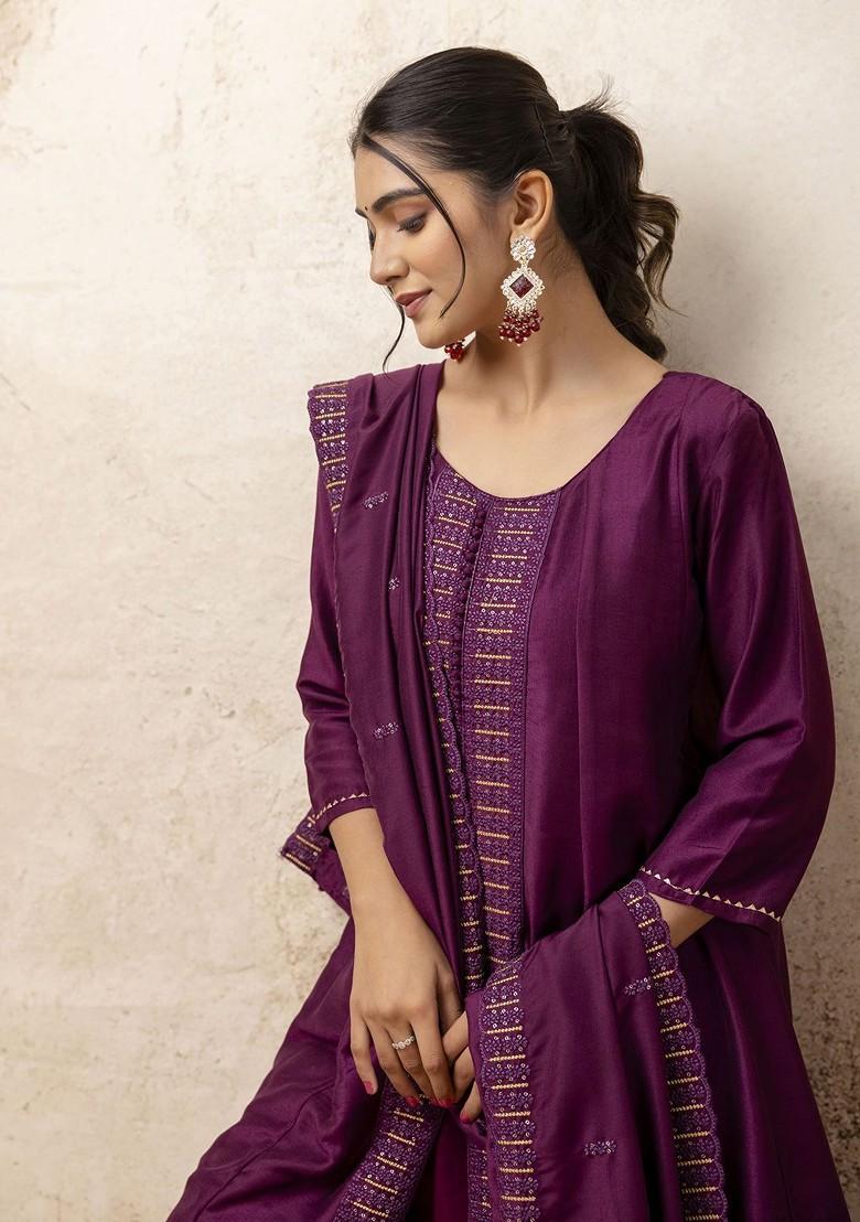 Purple Embroidered Poly Blend Kurta Set