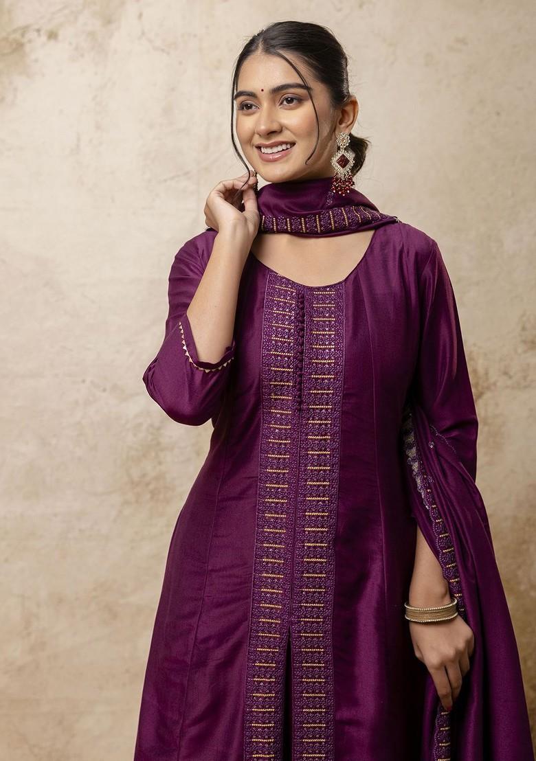 Purple Embroidered Poly Blend Kurta Set