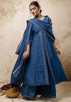 Teal Printed Poly Blend Kurta Set