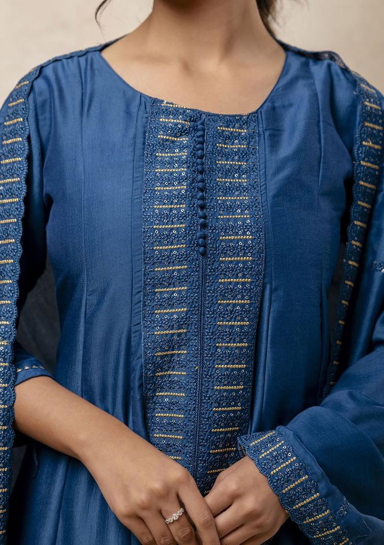 Teal Printed Poly Blend Kurta Set